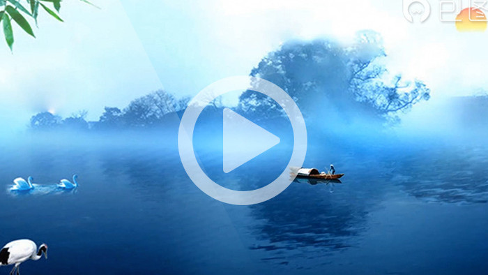 划船梦游仙境水畔竹林仙鹤背景高清视频素材