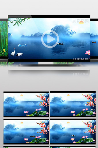 划船梦游仙境水畔竹林仙鹤背景高清视频素材图片