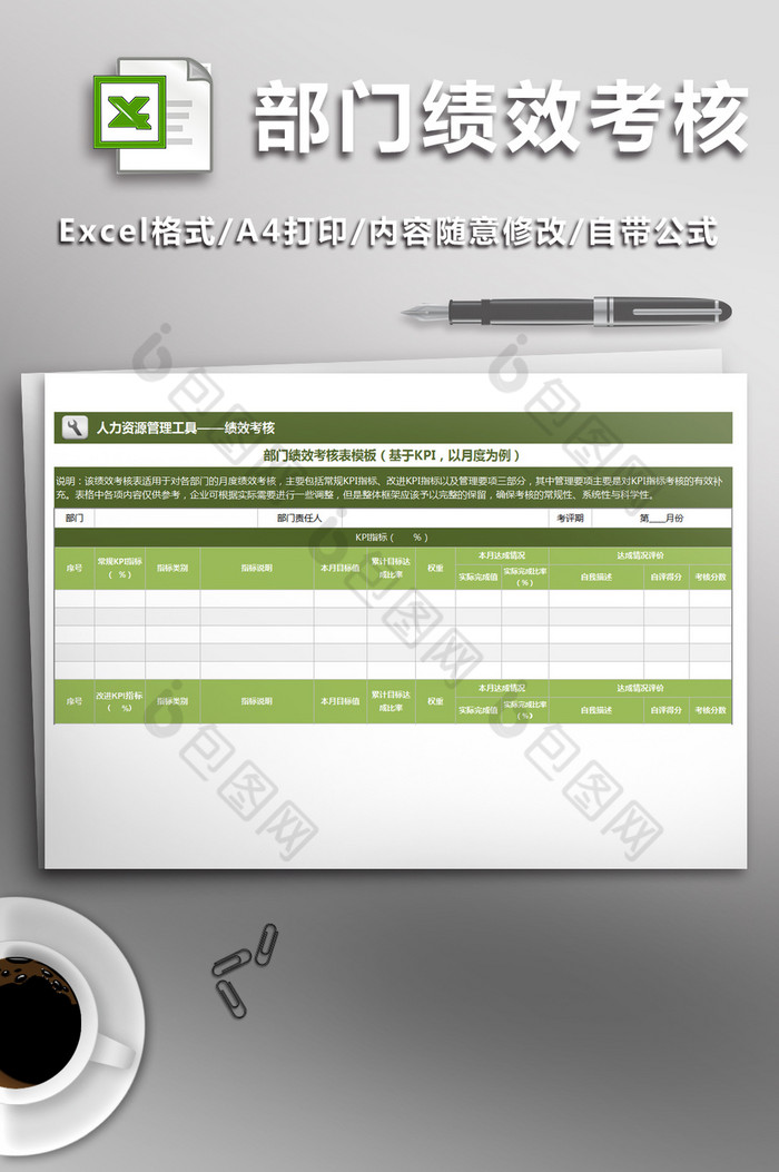 员工考核人事部用部门绩效考核表模板（基于KPI，以月度为例）图片