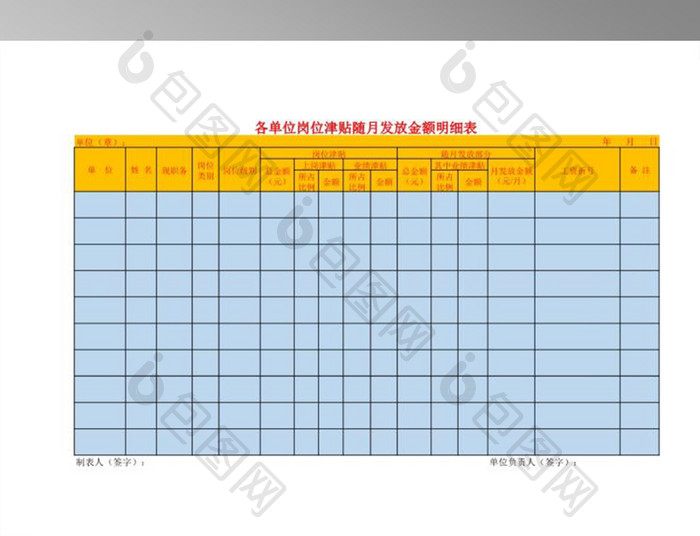 各单位岗位津贴随月发放金额明细表