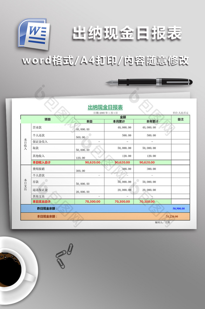 出纳现金日报表模板