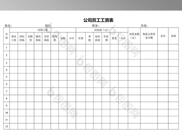 员工工资表word模板