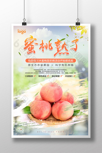 简约小清新水蜜桃采摘季宣传海报图片