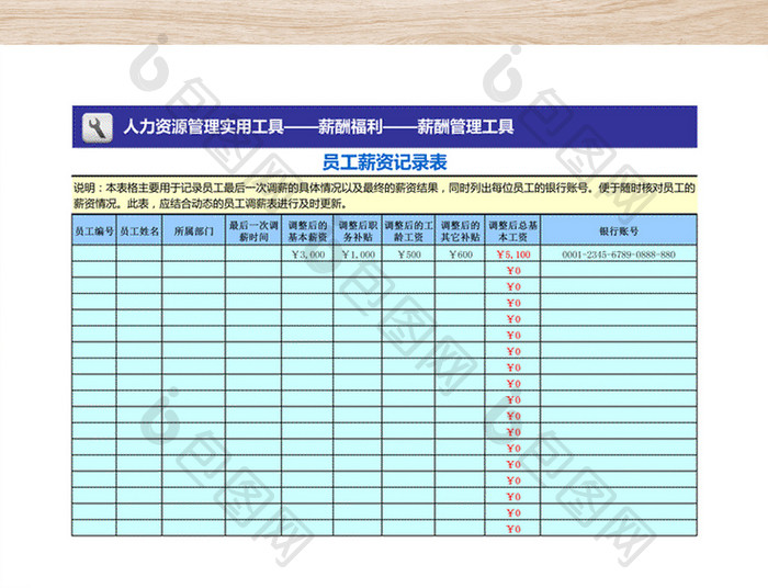 人事部表格员工薪资记录表