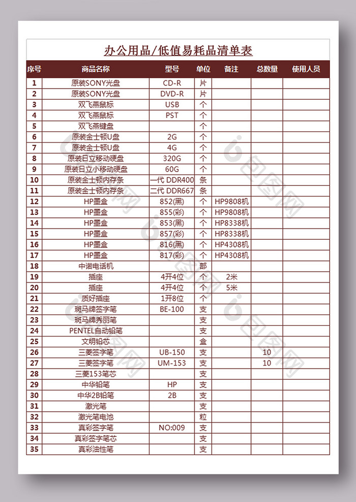 最全的办公用品清单表