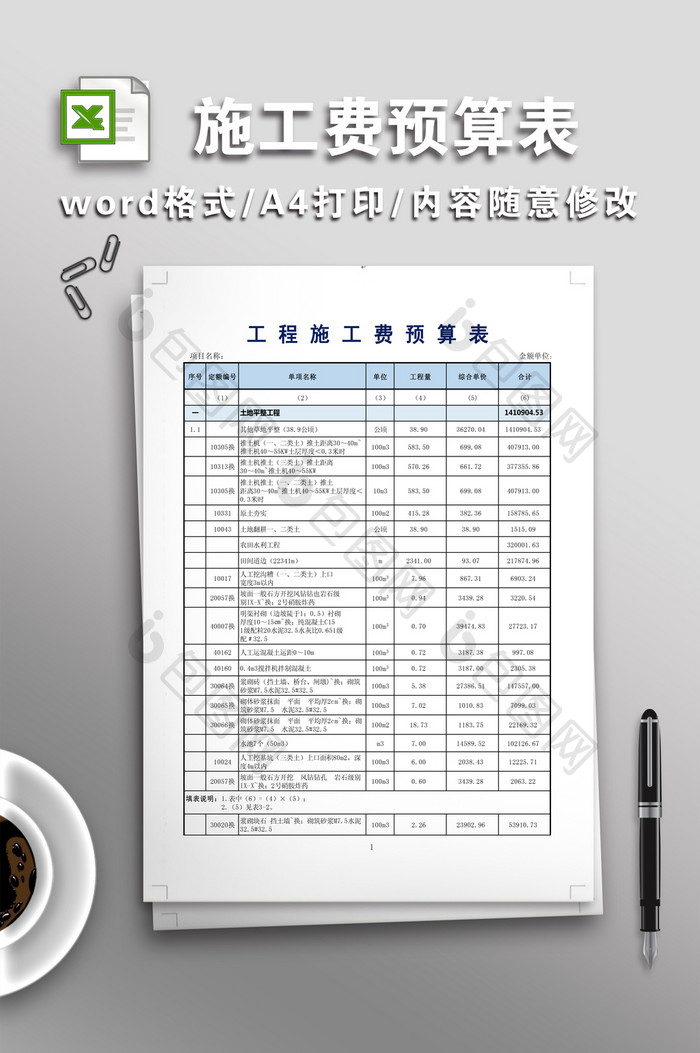 工程施工费预算表