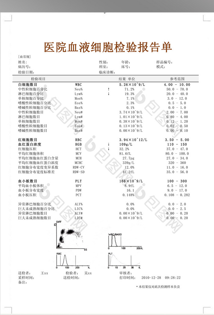 医院血液细胞检验报告单