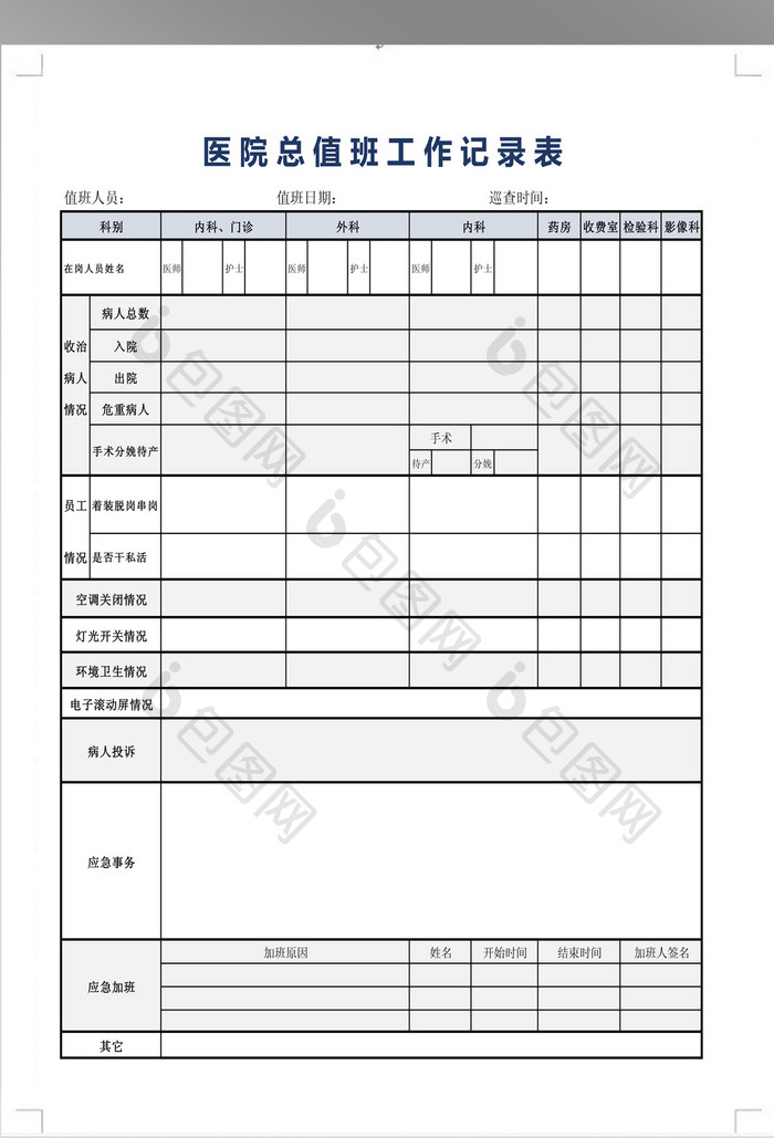 医院行政总值班工作记录表