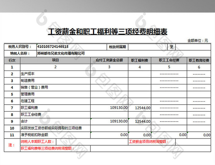 工资薪金和职工福利等三项经费明细表