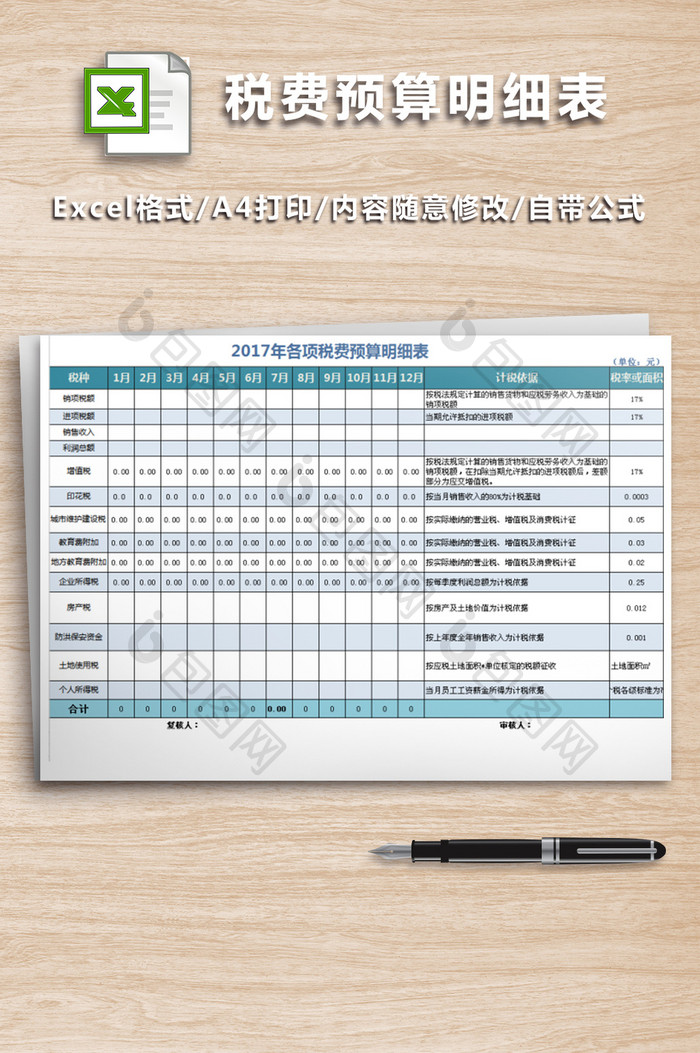 公司税费预算明细表格