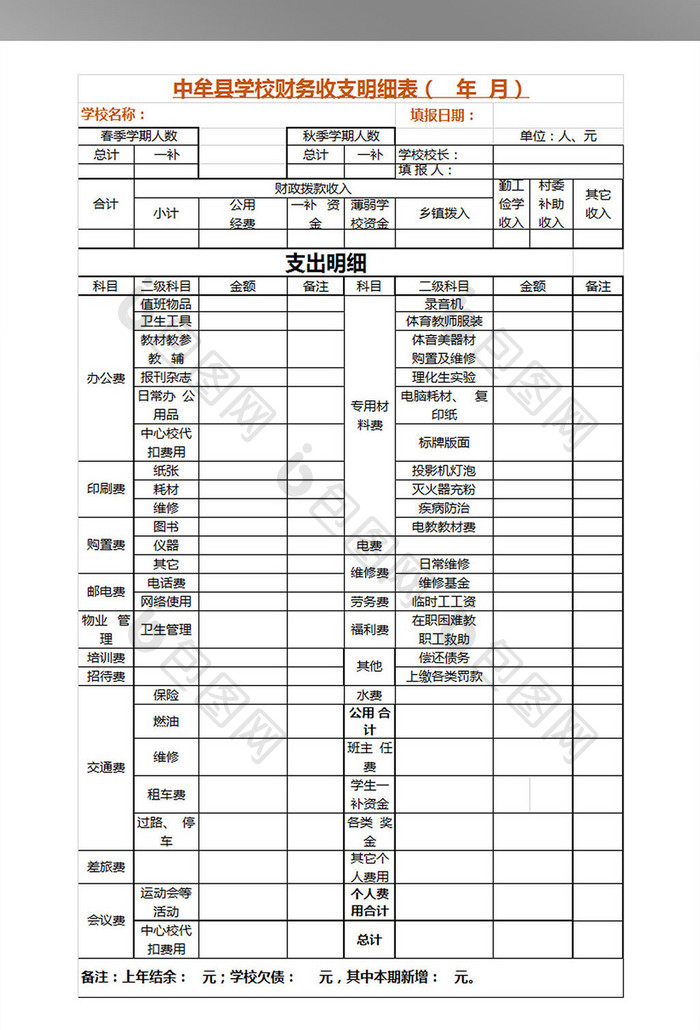 财务收支明细表格