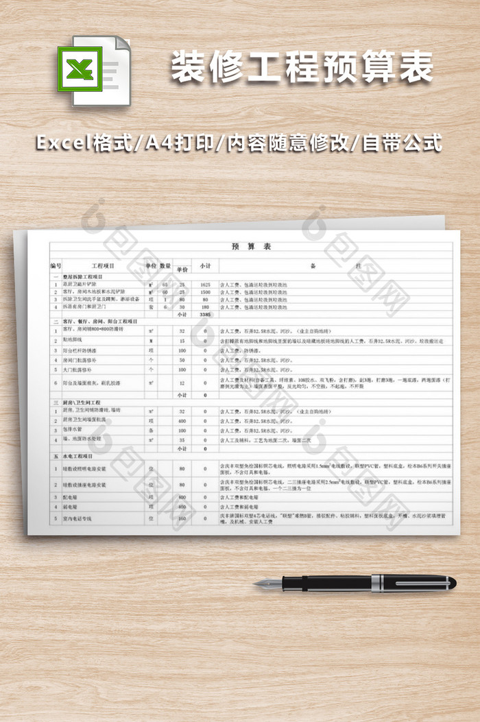 EXCEL图表模版 装修工程预算表