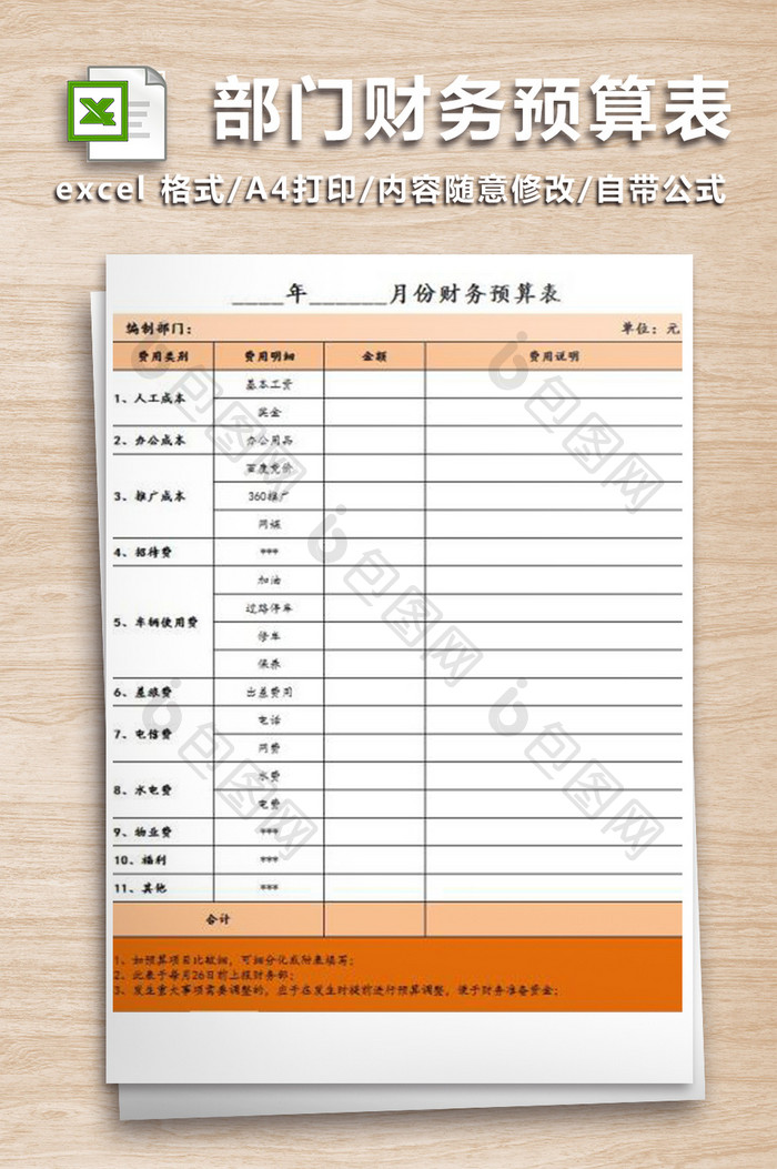 月度部门财务预算表格