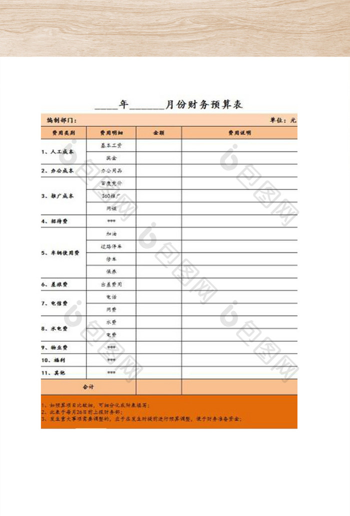 月度部门财务预算表格