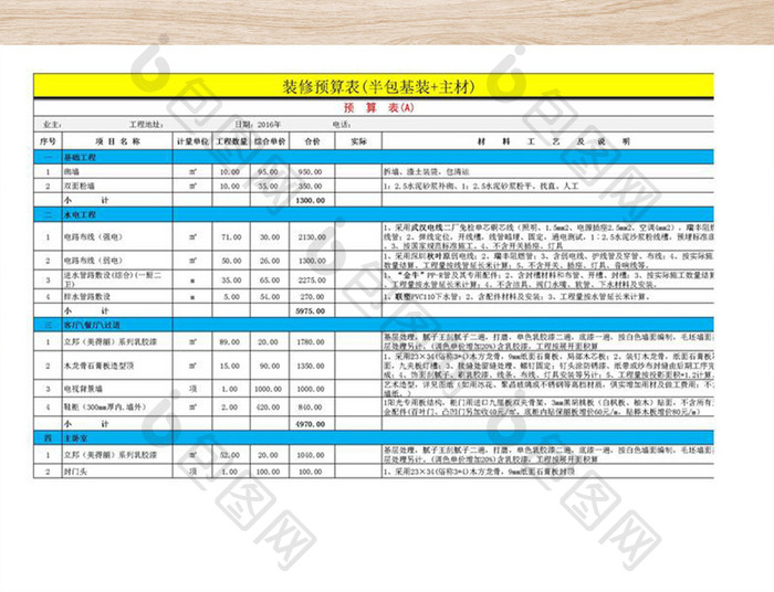 装修预算表(半包基装+主材)