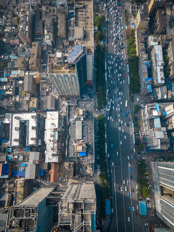 城市大道拥堵交通车辆行驶航拍长沙摄影图