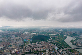 桂林城市乌云密布暴雨来临航拍