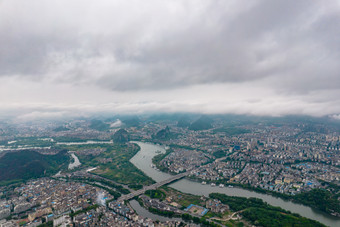 桂林城市乌云密布暴雨来临航拍