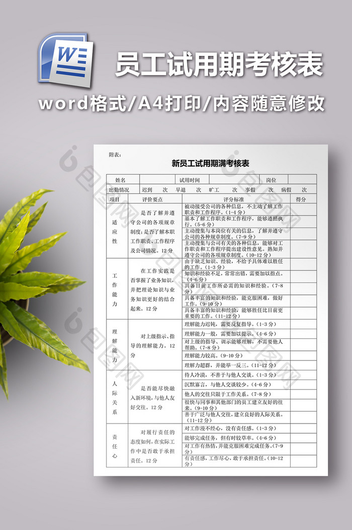 新员工试用期考核表