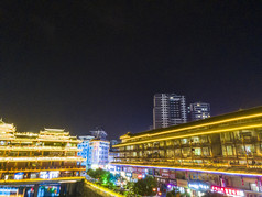 湖南通道侗族建筑夜景航拍摄影图