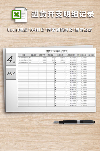 仓库进货开支明细记录表图片