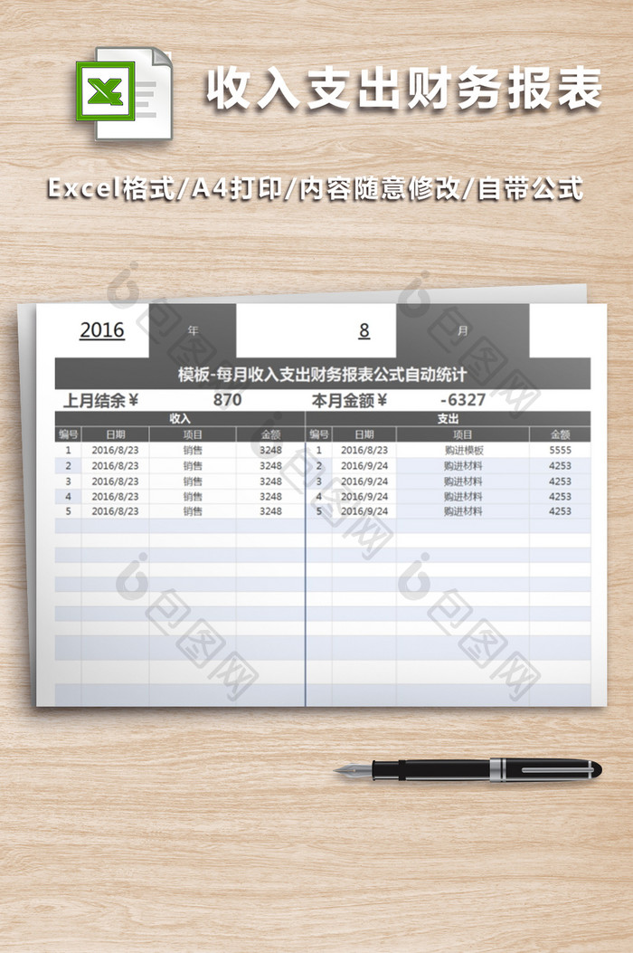 每月收入支出财务报表自动统计表