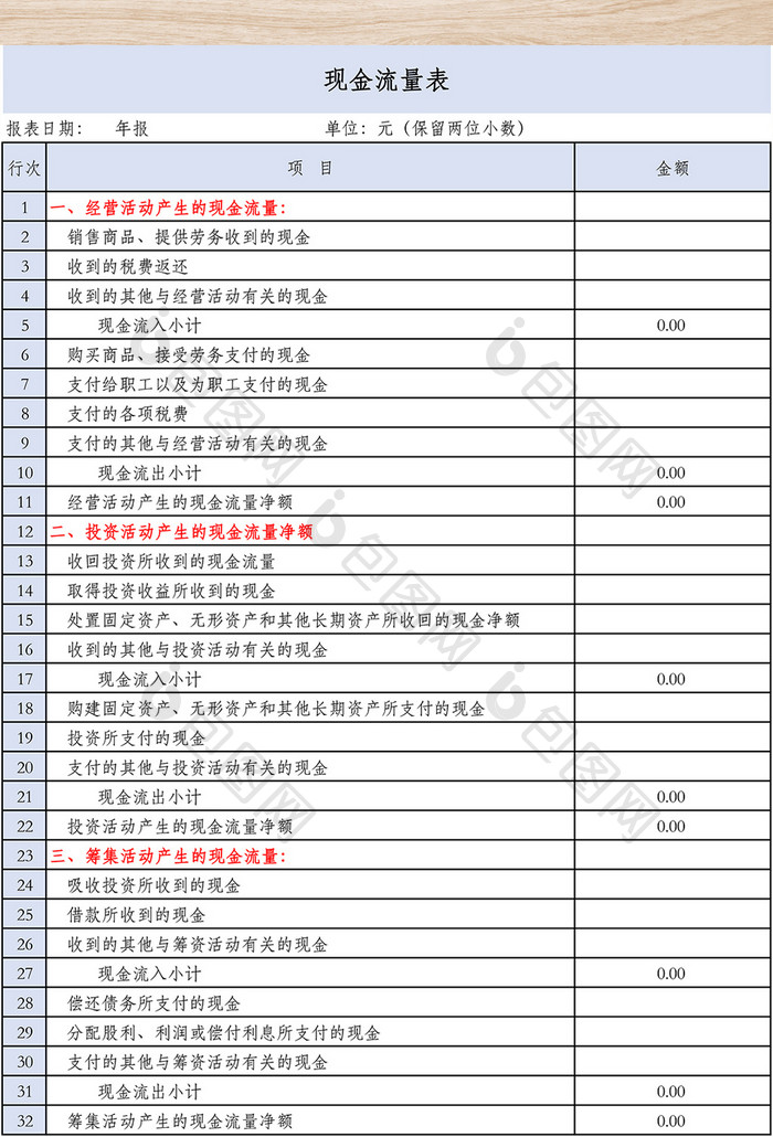 现金流量表Excel模板