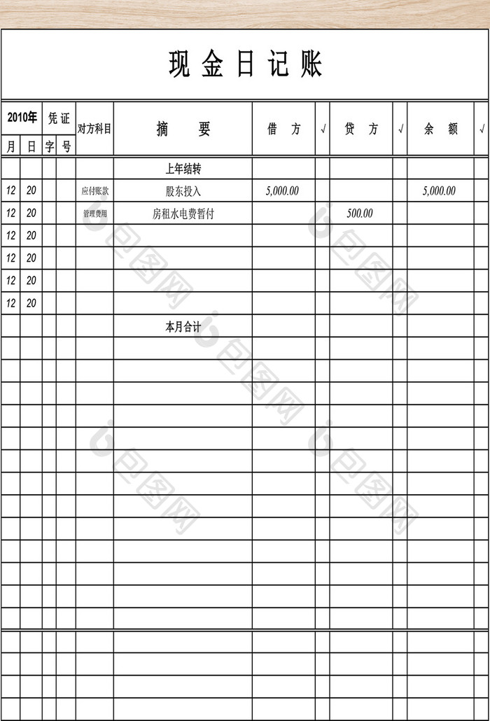 现金日记帐二联表