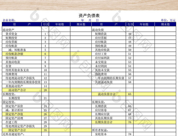 财务报表资产负债表Excel