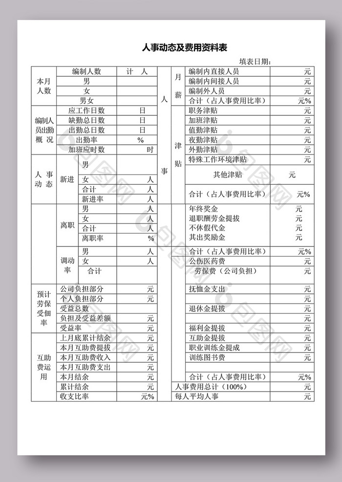 人事动态及费用资料表