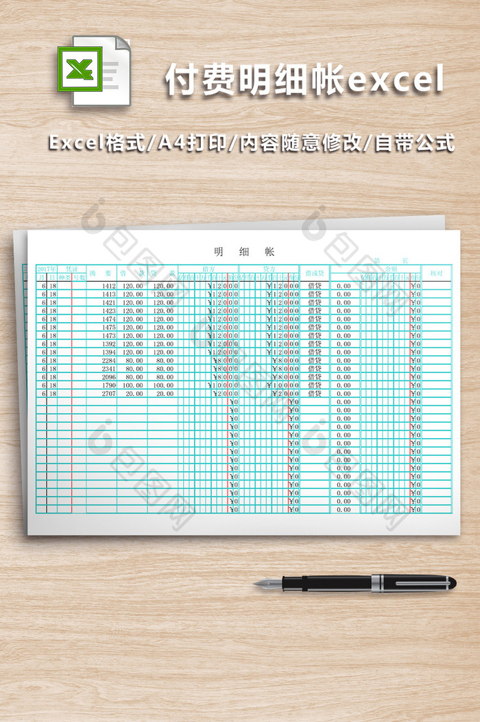 付费明细帐excel模版