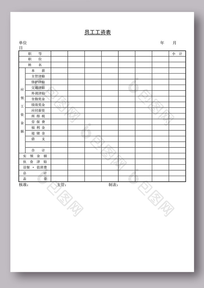 员工工资表word模板