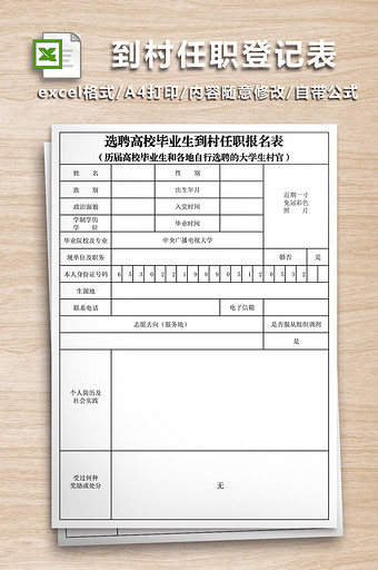 毕业生到村任职登记表excel图片