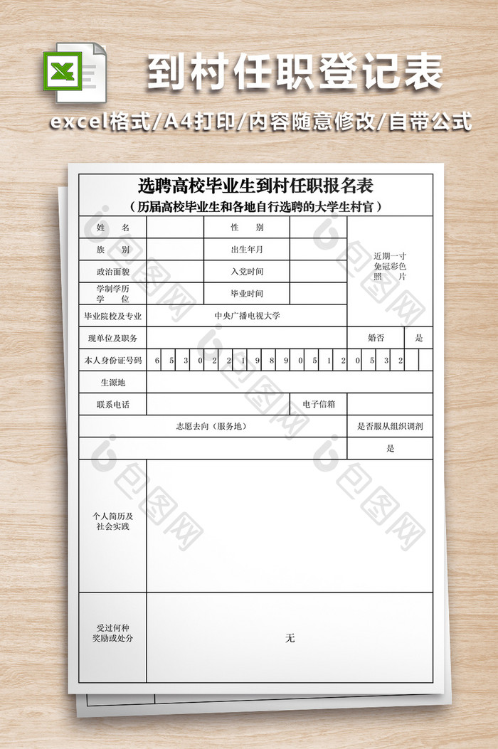 毕业生到村任职登记表excel