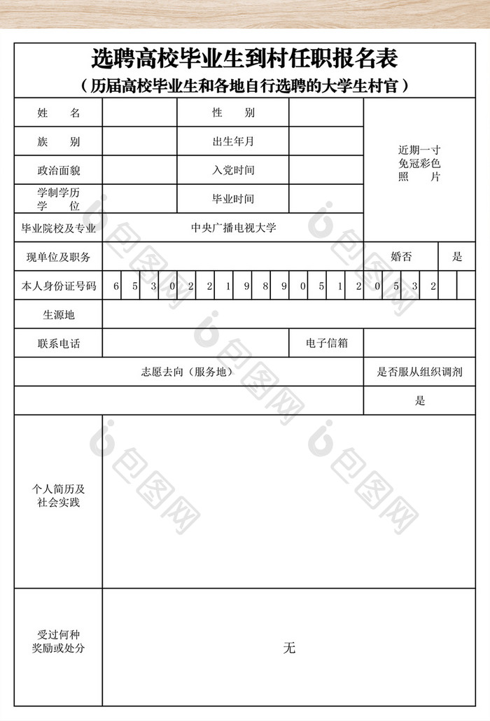 毕业生到村任职登记表excel