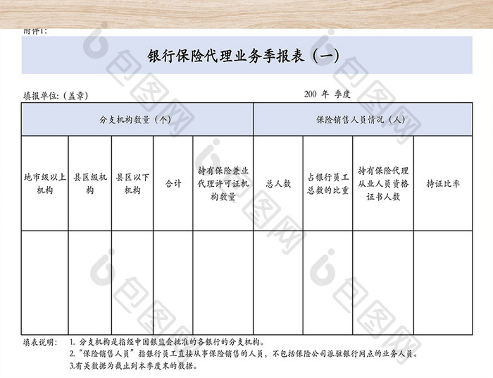 银行保险代理业务季报表