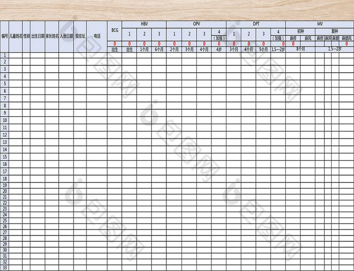 儿童预防接种底册表格