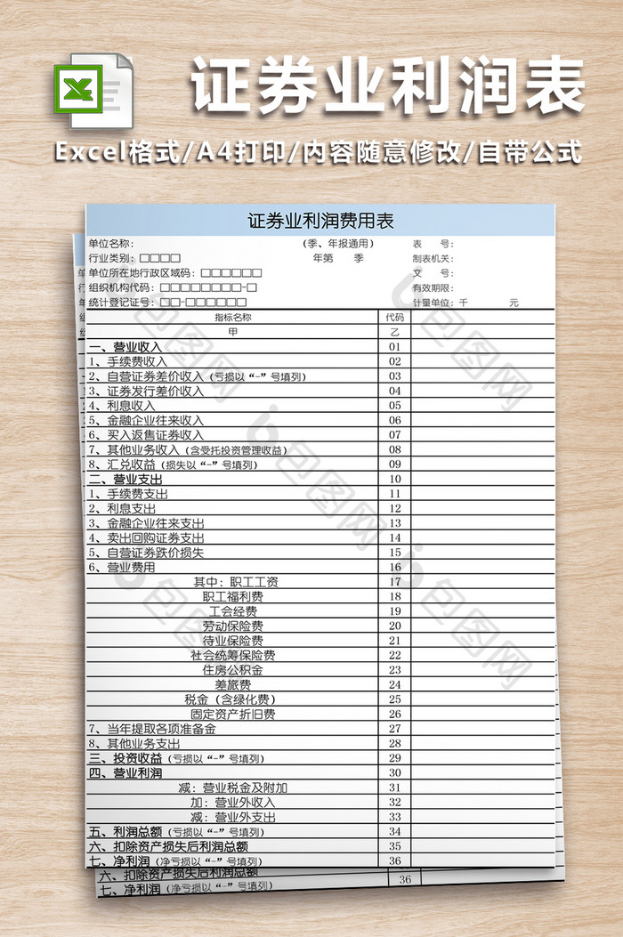 证券业利润费用表格