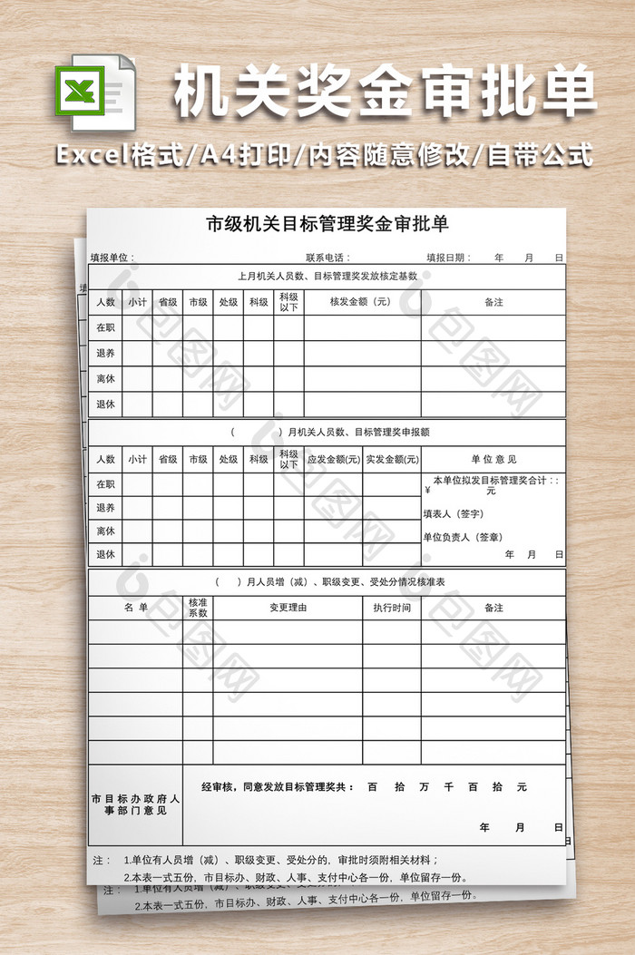 市级机关目标管理奖金审批单