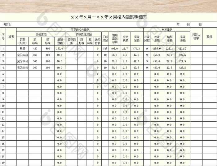 校内津贴明细表模板