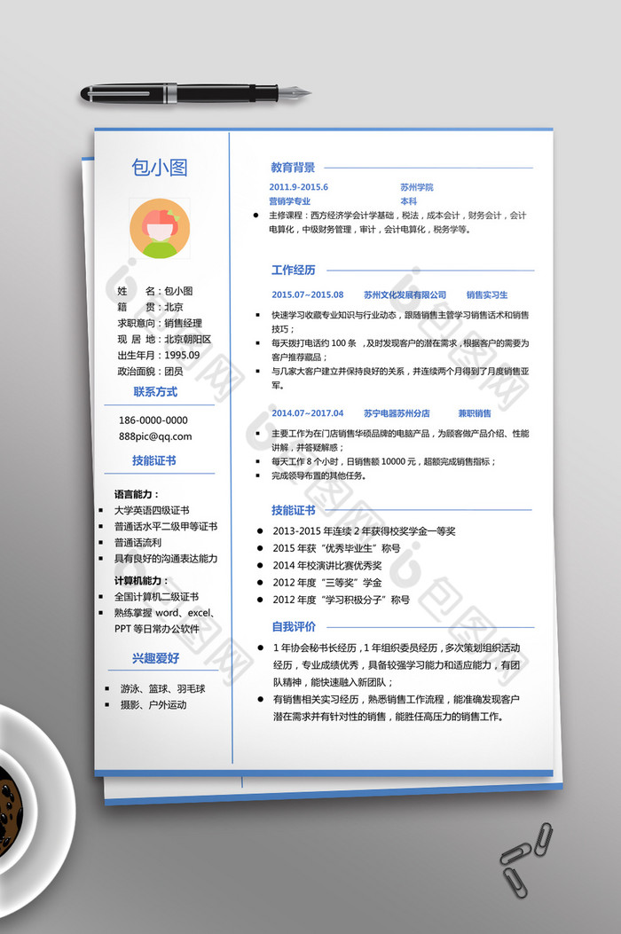 蓝色优雅销售经理简历WORD个人简历图片图片
