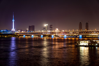 湖北武汉长江大桥夜景灯光