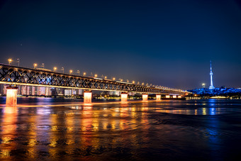 湖北武汉长江大桥夜景灯光