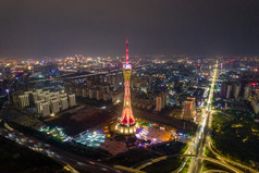 广西桂林日月双塔夜景灯光航拍摄影图