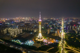 广西桂林日月双塔夜景灯光航拍摄影图