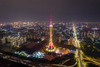 广西桂林日月双塔夜景灯光航拍摄影图