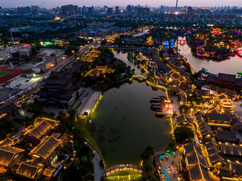 河南开封清明上河园夜景航拍摄影图