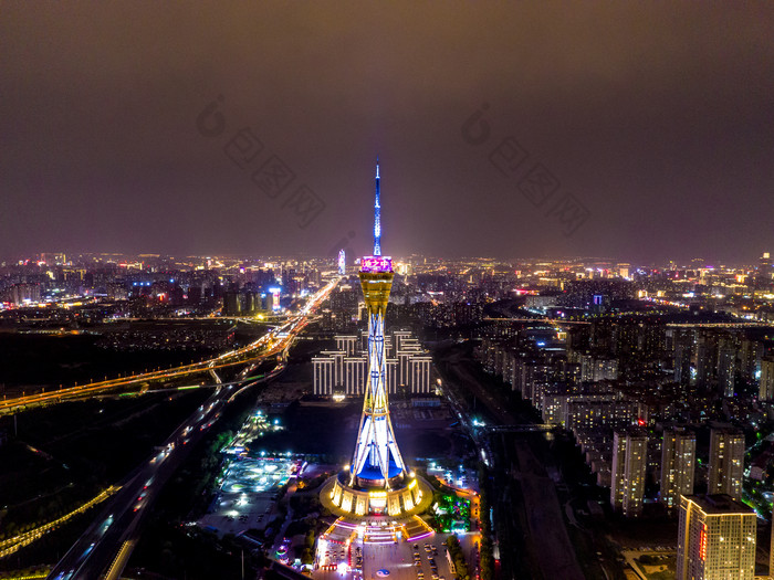 河南郑州城市夜景灯光中原福塔航拍摄影图