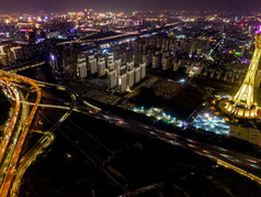 河南郑州城市夜景中原福塔灯光航拍摄影图
