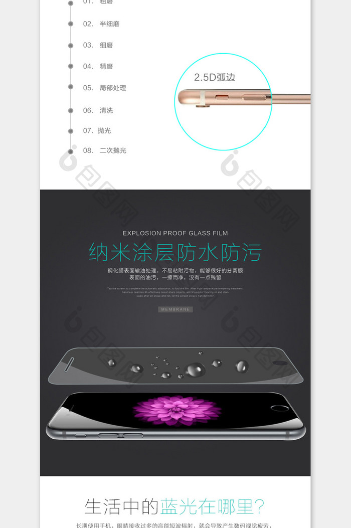 苹果安卓手机钢化磨砂膜详情3C数码详情页